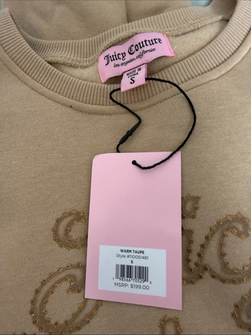 NWT Juicy Couture Beige Rhinestone 2-Piece Cropped Sweatshirt & Pants Set - Picture 2 of 2